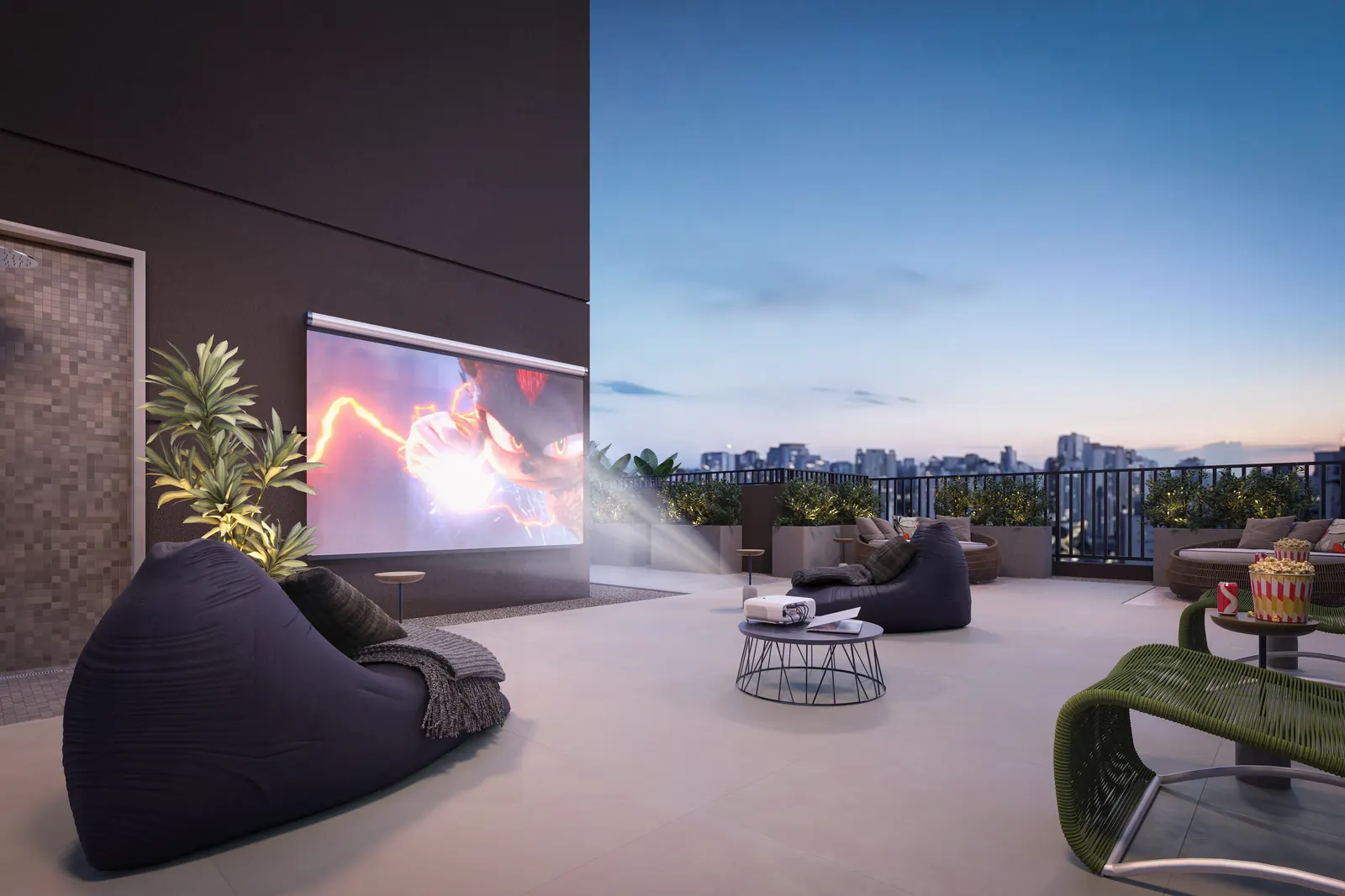 Lounge com cinema ao ar livre no rooftop